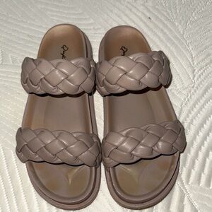 Qupid Braided Double Strap Slide Sandals in Taupe